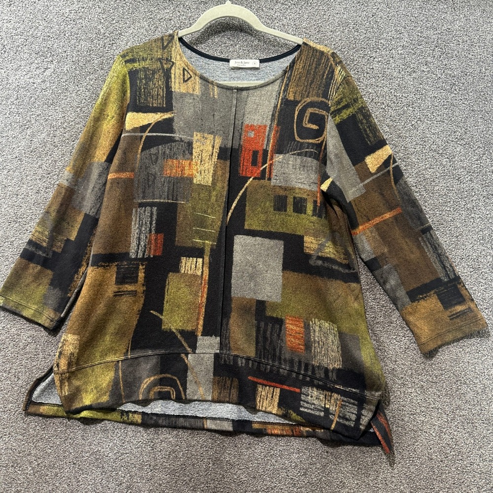 Jess & Jane Contigo Abstract Art Print 3/4 Sleeve Tunic Top Small USA Lagenlook